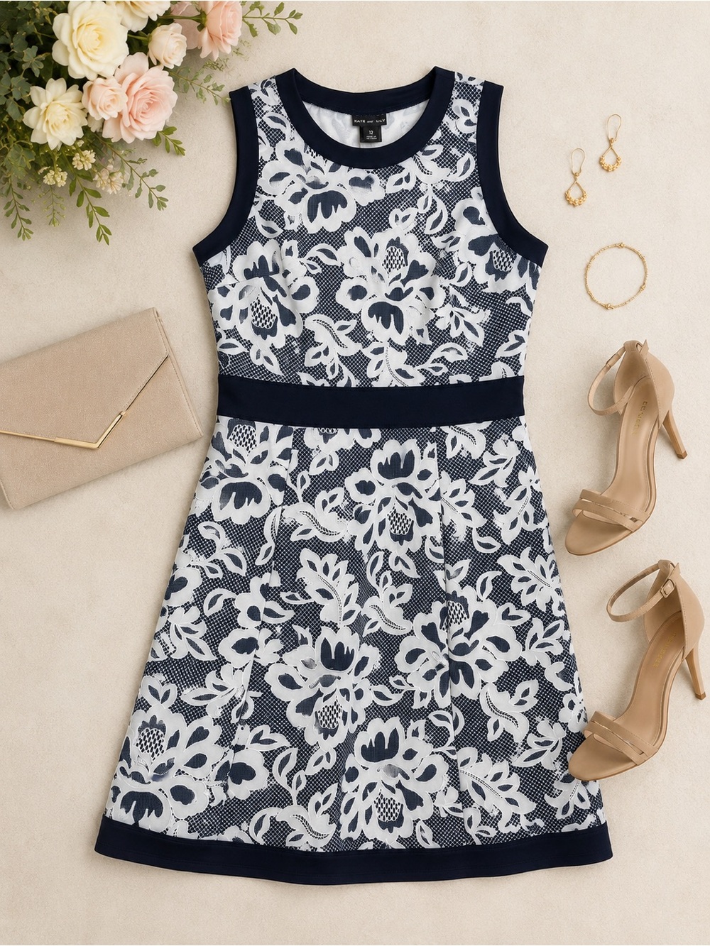 Kate & Lily Navy White Floral Fit/Flare Dress 12 Sleeveless A-Line Wedding Guest